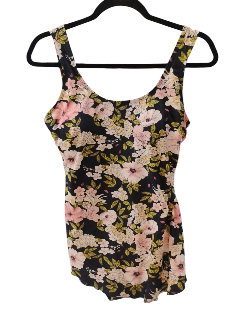 Shore Shapes Floral Scoop Neck Swimsuit- Black with Pink & Green W Skirt SZ 10